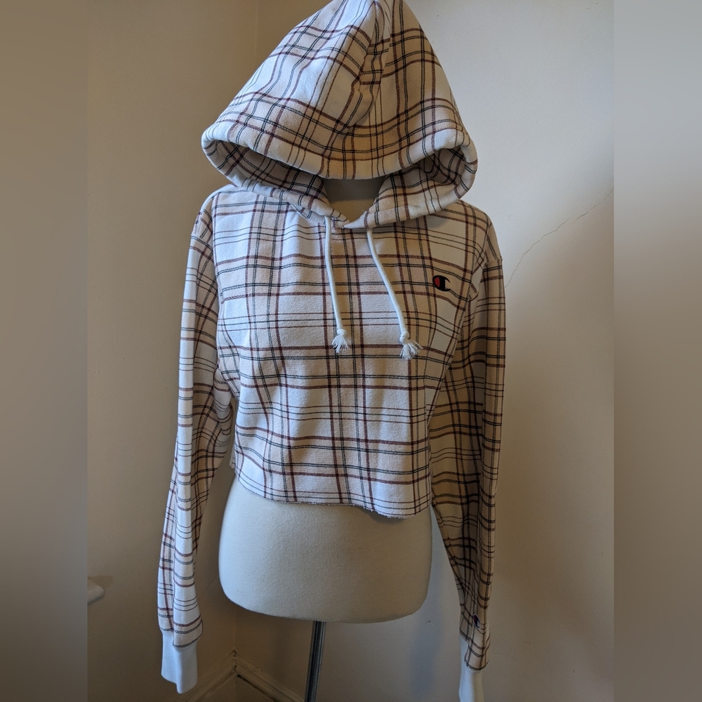 Champion Women's Cropped Plaid Hoodie - White and Brown Small EUC